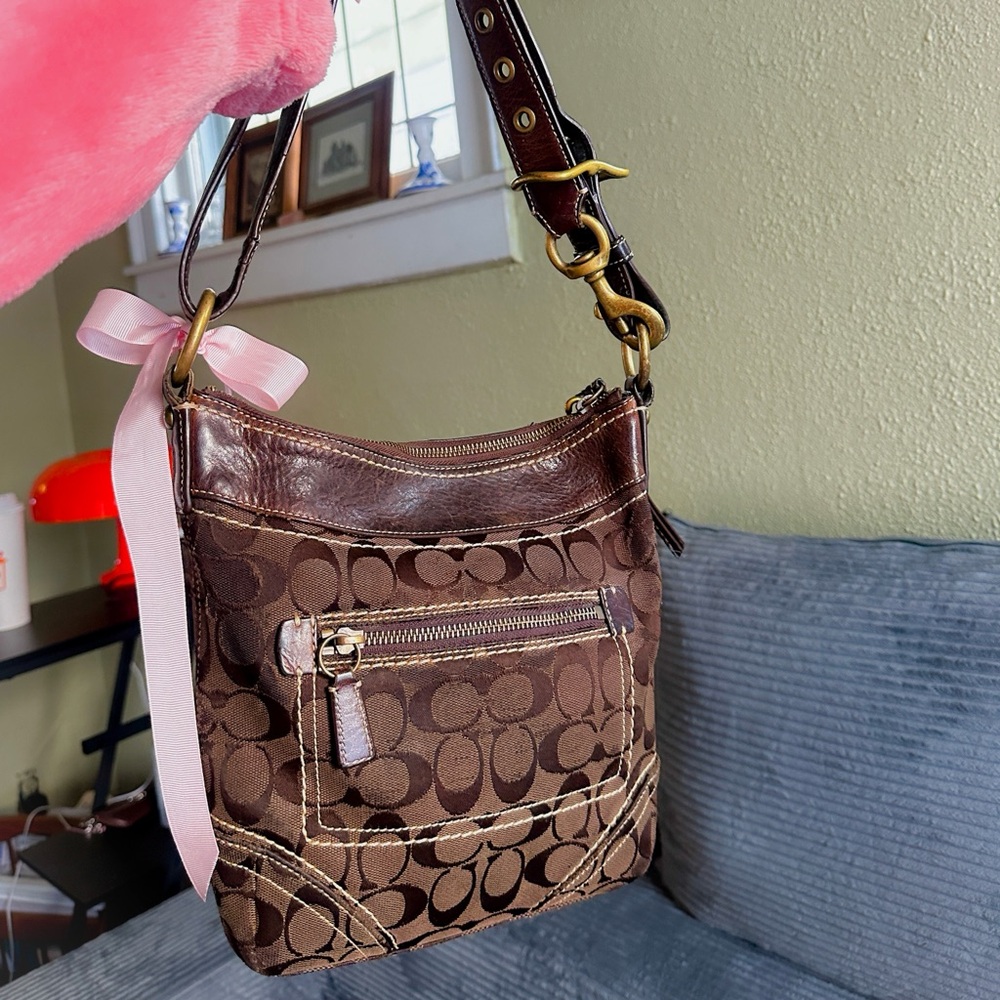 Coach Brown Signature Shoulder Bag with Pink Accent